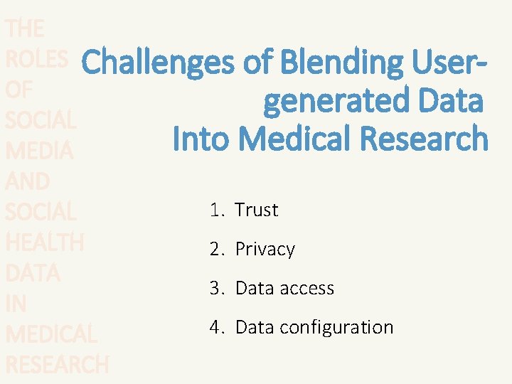 THE ROLES Challenges of Blending User. OF generated Data SOCIAL Into Medical Research MEDIA