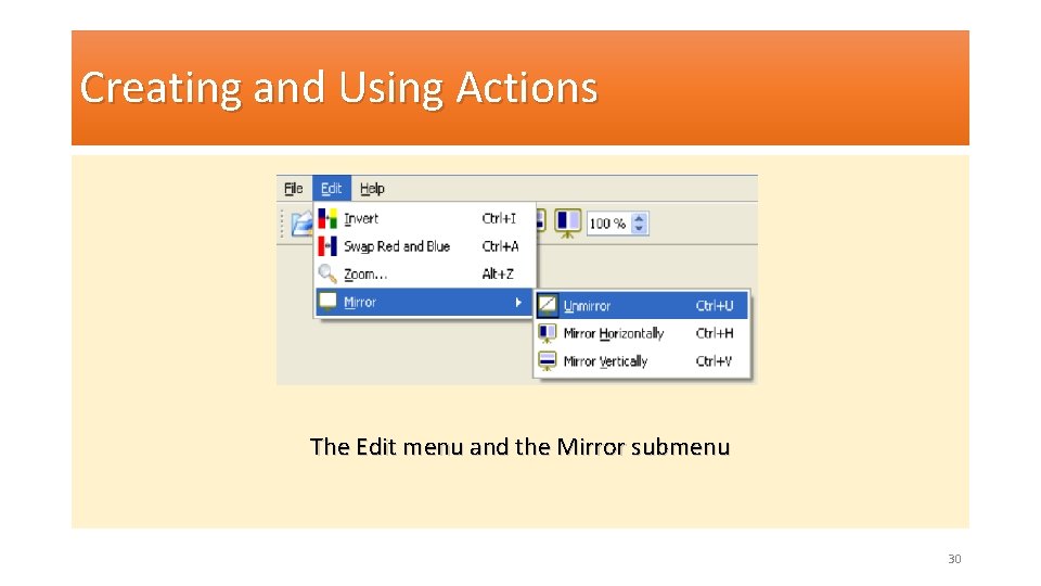 Creating and Using Actions The Edit menu and the Mirror submenu 30 