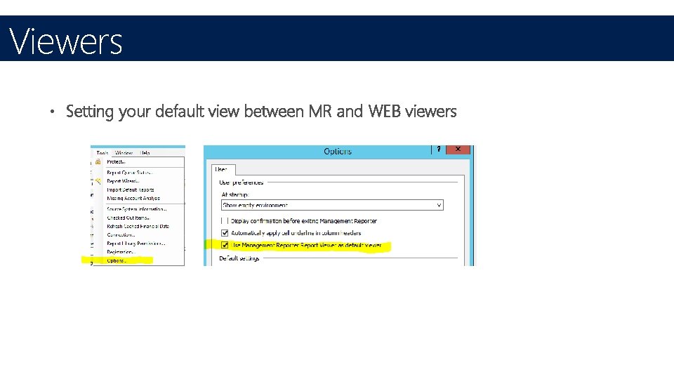Viewers • Setting your default view between MR and WEB viewers 