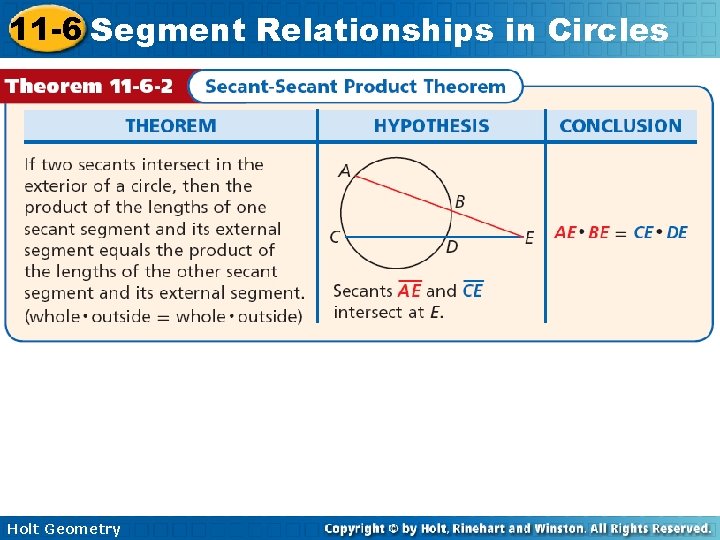 11 -6 Segment Relationships in Circles Holt Geometry 