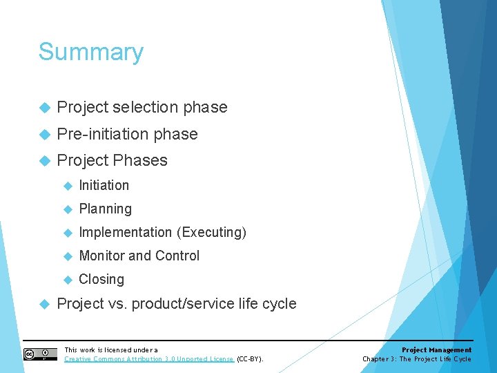 Summary Project selection phase Pre-initiation phase Project Phases Initiation Planning Implementation (Executing) Monitor and