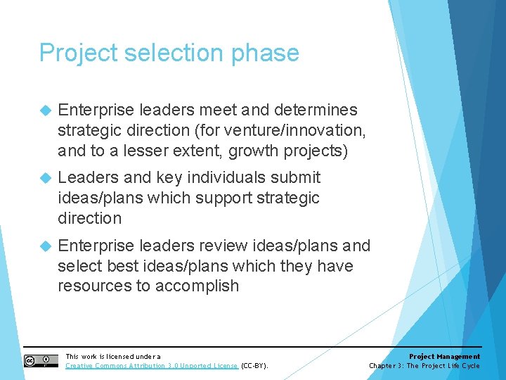 Project selection phase Enterprise leaders meet and determines strategic direction (for venture/innovation, and to