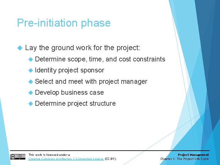 Pre-initiation phase Lay the ground work for the project: Determine Identity Select scope, time,