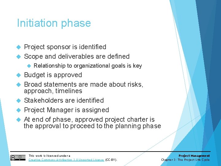 Initiation phase Project sponsor is identified Scope and deliverables are defined Relationship to organizational