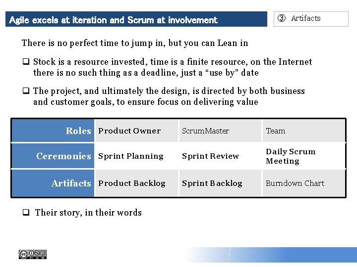 Agile excels at iteration and Scrum at involvement ③ Artifacts There is no perfect