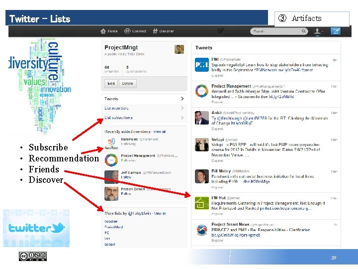 Twitter – Lists • • ③ Artifacts Subscribe Recommendation Friends Discover 39 