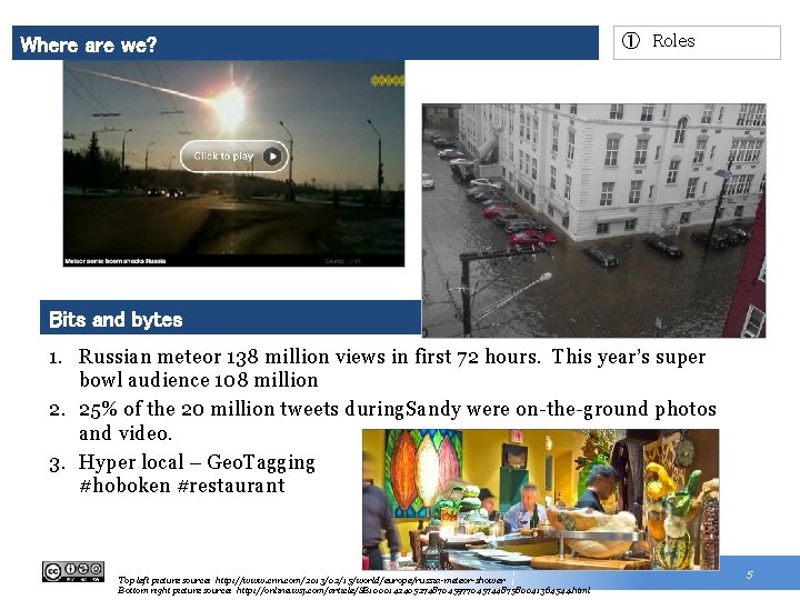 Where are we? ① Roles Bits and bytes 1. Russian meteor 138 million views