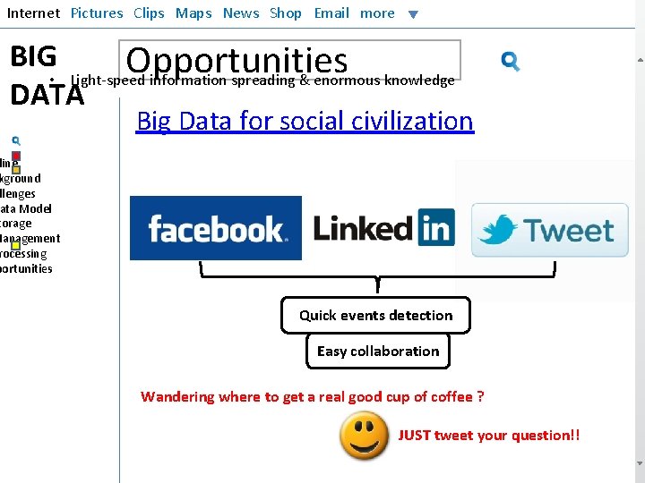 Internet Pictures Clips Maps News Shop Email more BIG Opportunities • Light-speed information spreading