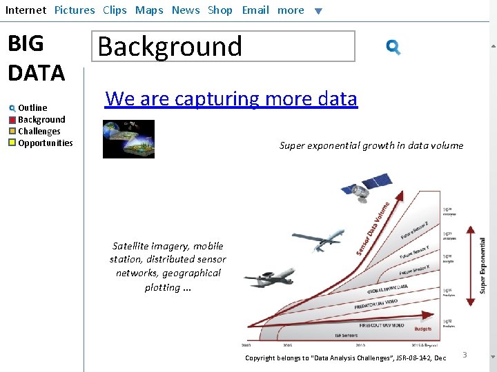 Internet Pictures Clips Maps News Shop Email more BIG DATA Outline Background Challenges Opportunities