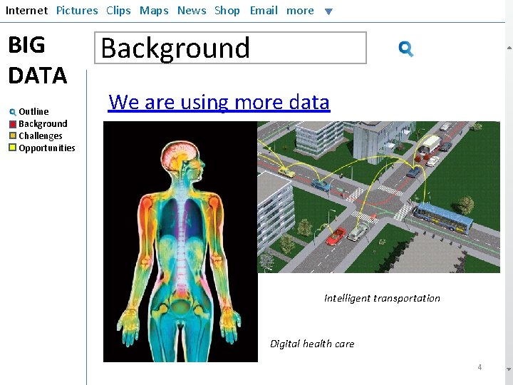 Internet Pictures Clips Maps News Shop Email more BIG DATA Outline Background Challenges Opportunities