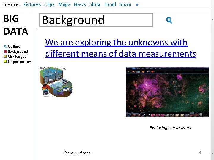 Internet Pictures Clips Maps News Shop Email more BIG DATA Outline Background Challenges Opportunities
