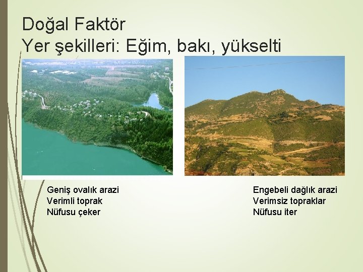 Doğal Faktör Yer şekilleri: Eğim, bakı, yükselti Geniş ovalık arazi Verimli toprak Nüfusu çeker