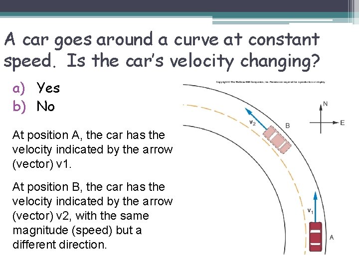 A car goes around a curve at constant speed. Is the car’s velocity changing?
