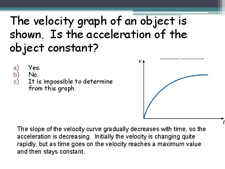 The velocity graph of an object is shown. Is the acceleration of the object