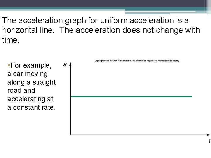 The acceleration graph for uniform acceleration is a horizontal line. The acceleration does not
