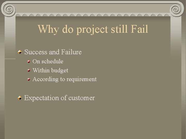 Why do project still Fail Success and Failure On schedule Within budget According to