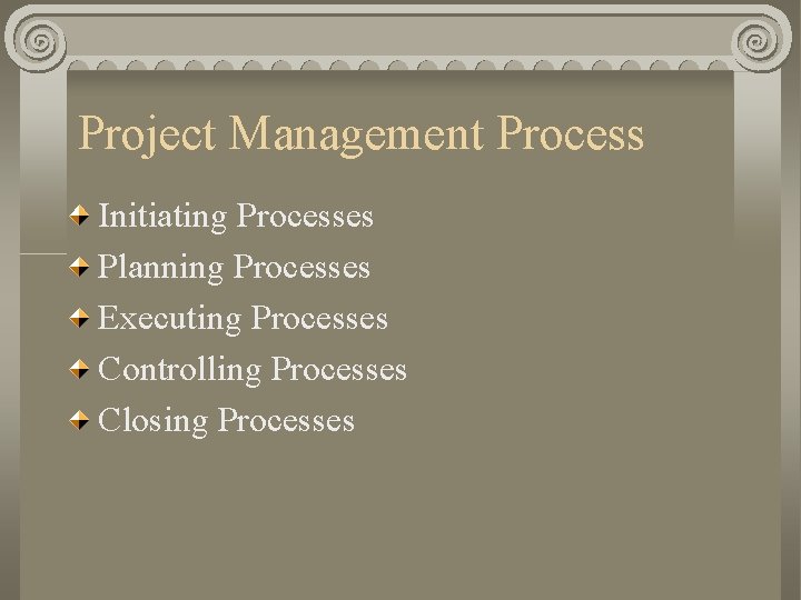 Project Management Process Initiating Processes Planning Processes Executing Processes Controlling Processes Closing Processes 