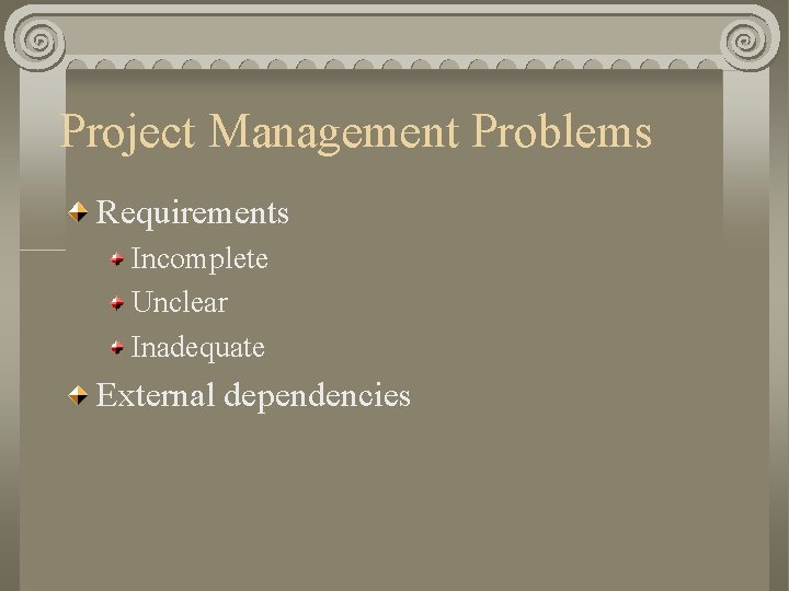 Project Management Problems Requirements Incomplete Unclear Inadequate External dependencies 