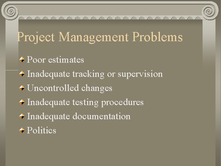 Project Management Problems Poor estimates Inadequate tracking or supervision Uncontrolled changes Inadequate testing procedures