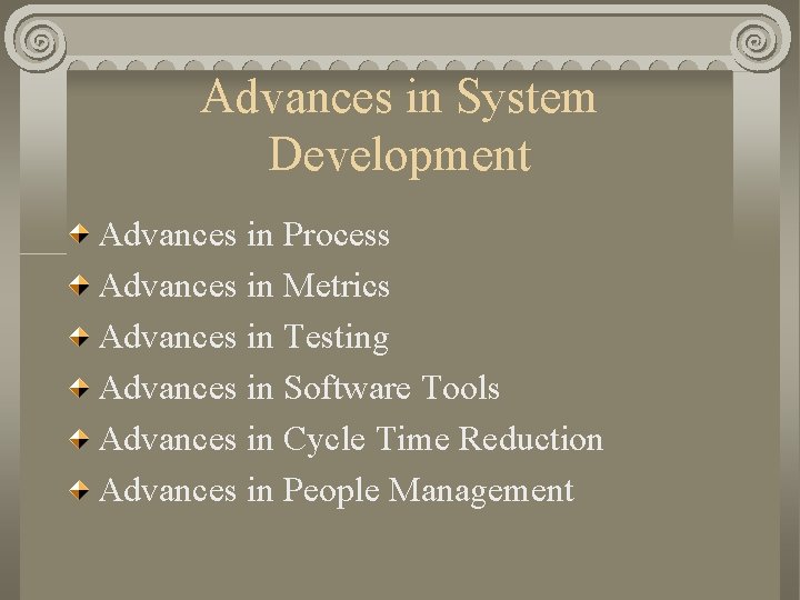 Advances in System Development Advances in Process Advances in Metrics Advances in Testing Advances