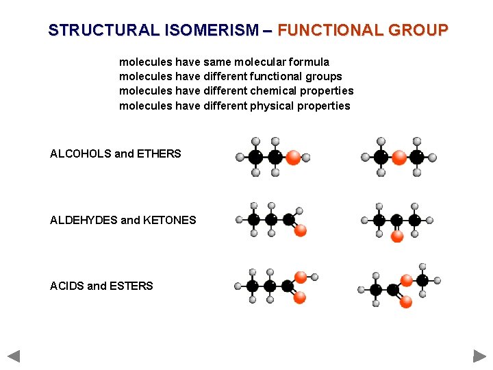 STRUCTURAL ISOMERISM – FUNCTIONAL GROUP molecules have same molecular formula molecules have different functional