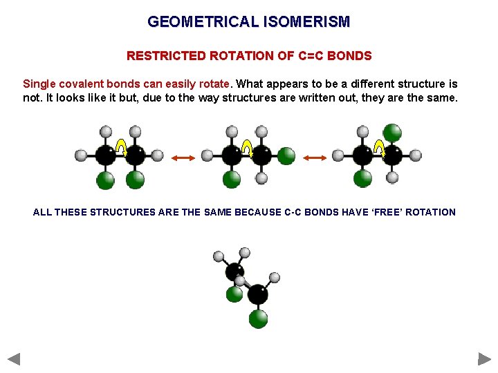 GEOMETRICAL ISOMERISM RESTRICTED ROTATION OF C=C BONDS Single covalent bonds can easily rotate. What