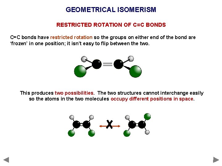 GEOMETRICAL ISOMERISM RESTRICTED ROTATION OF C=C BONDS C=C bonds have restricted rotation so the