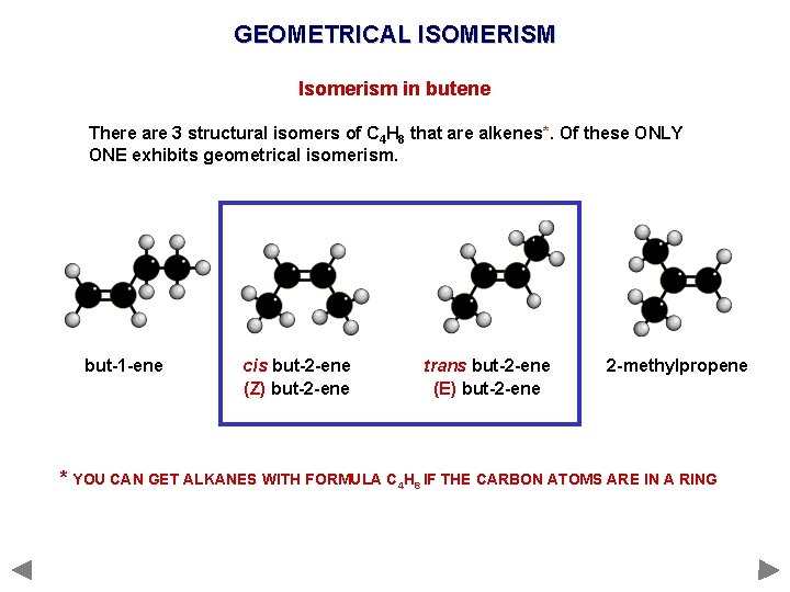 GEOMETRICAL ISOMERISM Isomerism in butene There are 3 structural isomers of C 4 H