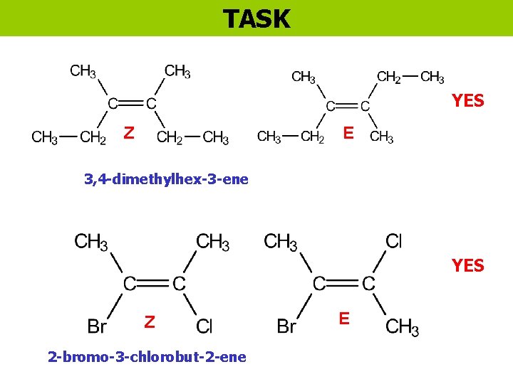 TASK YES Z E 3, 4 -dimethylhex-3 -ene YES Z 2 -bromo-3 -chlorobut-2 -ene