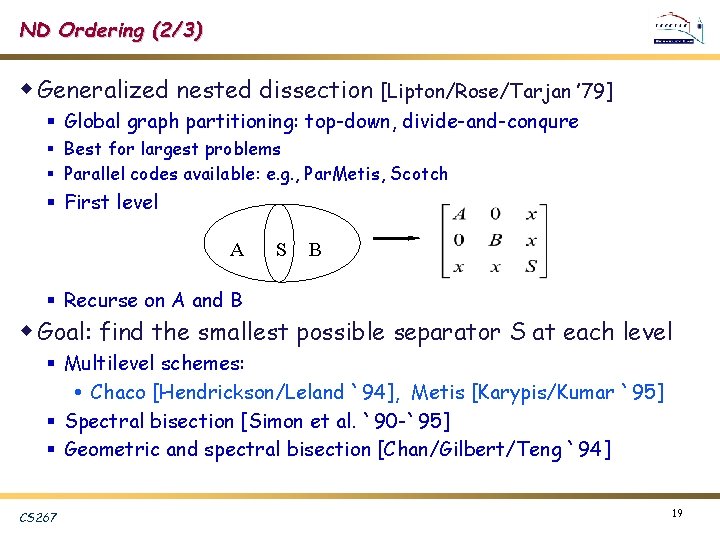 ND Ordering (2/3) w Generalized nested dissection [Lipton/Rose/Tarjan ’ 79] § Global graph partitioning: