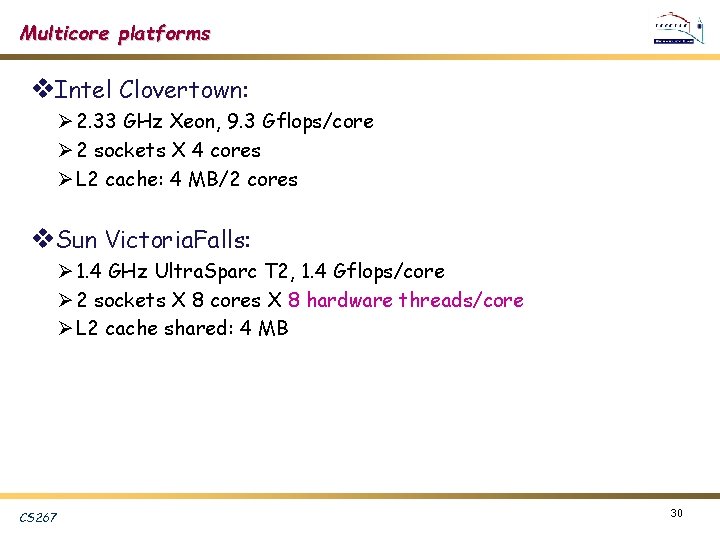 Multicore platforms v. Intel Clovertown: Ø 2. 33 GHz Xeon, 9. 3 Gflops/core Ø