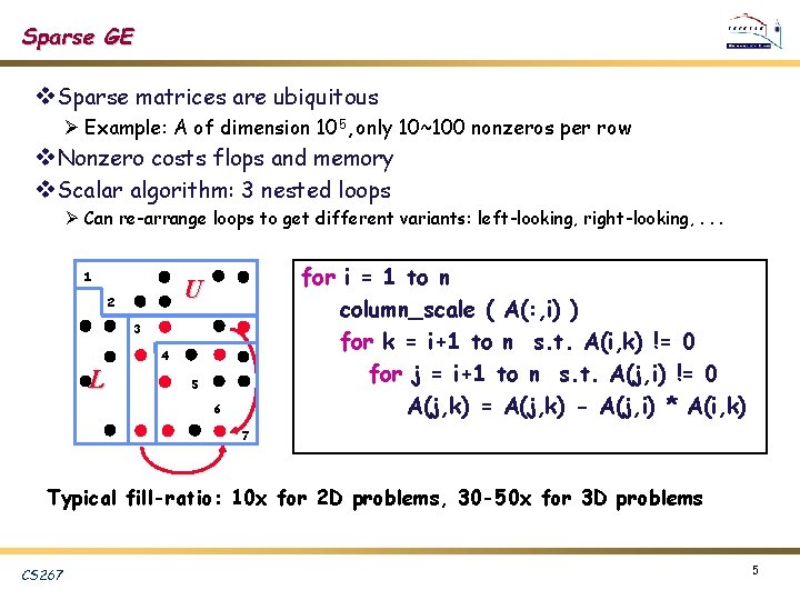 Sparse GE v. Sparse matrices are ubiquitous Ø Example: A of dimension 105, only