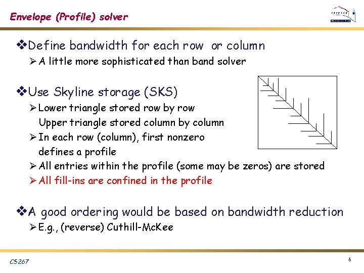 Envelope (Profile) solver v. Define bandwidth for each row or column Ø A little