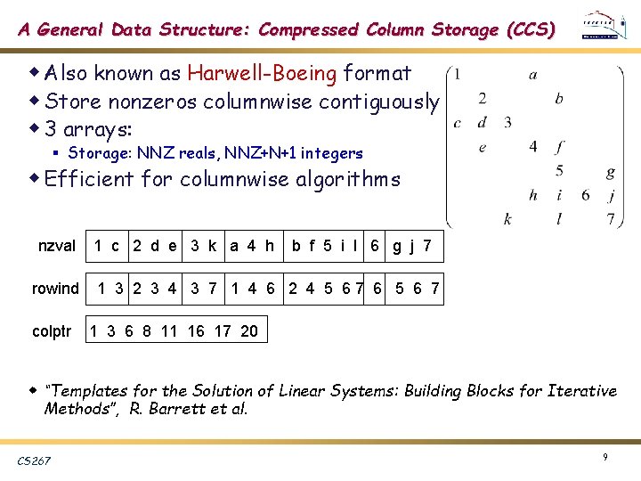 A General Data Structure: Compressed Column Storage (CCS) w Also known as Harwell-Boeing format