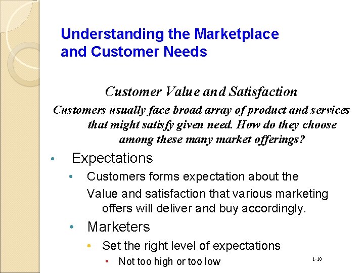Understanding the Marketplace and Customer Needs Customer Value and Satisfaction Customers usually face broad