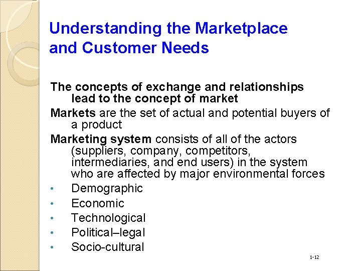 Understanding the Marketplace and Customer Needs The concepts of exchange and relationships lead to