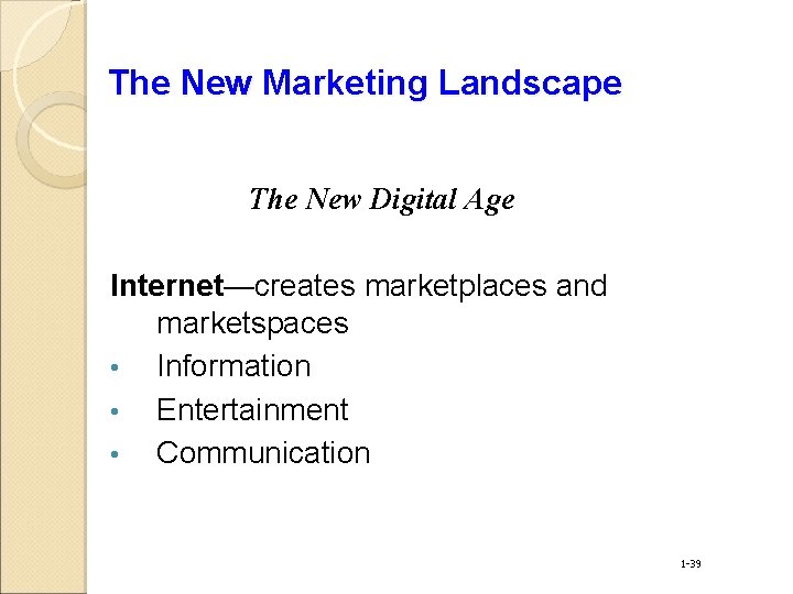 The New Marketing Landscape The New Digital Age Internet—creates marketplaces and marketspaces • Information