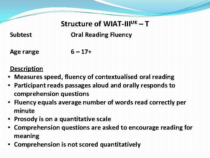 Structure of WIAT-IIIUK – T Subtest Oral Reading Fluency Age range 6 – 17+