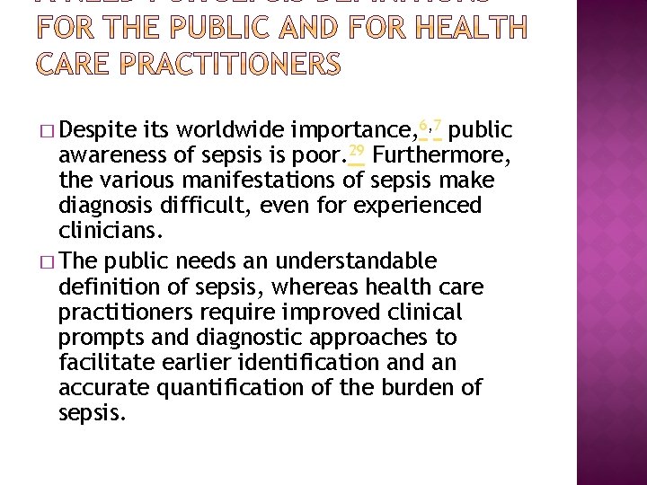 � Despite its worldwide importance, 6, 7 public awareness of sepsis is poor. 29