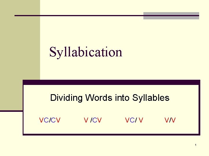 Syllabication Dividing Words into Syllables VC/CV VC/ V V/V 1 