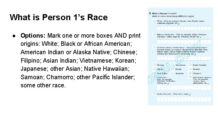 What is Person 1’s Race ● Options: Mark one or more boxes AND print