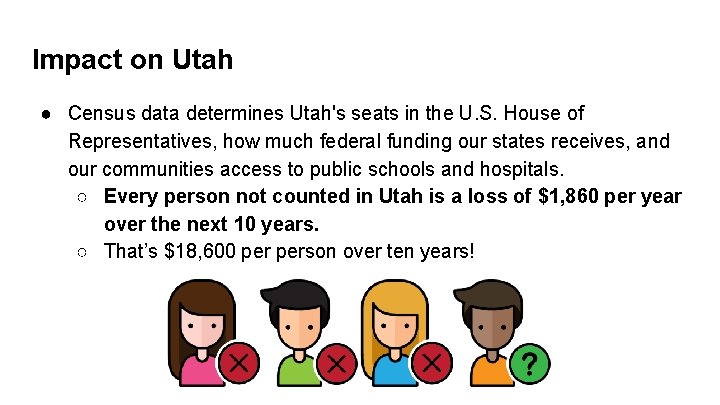 Impact on Utah ● Census data determines Utah's seats in the U. S. House