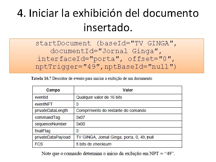 4. Iniciar la exhibición del documento insertado. start. Document (base. Id=″TV GINGA″, document. Id=″Jornal