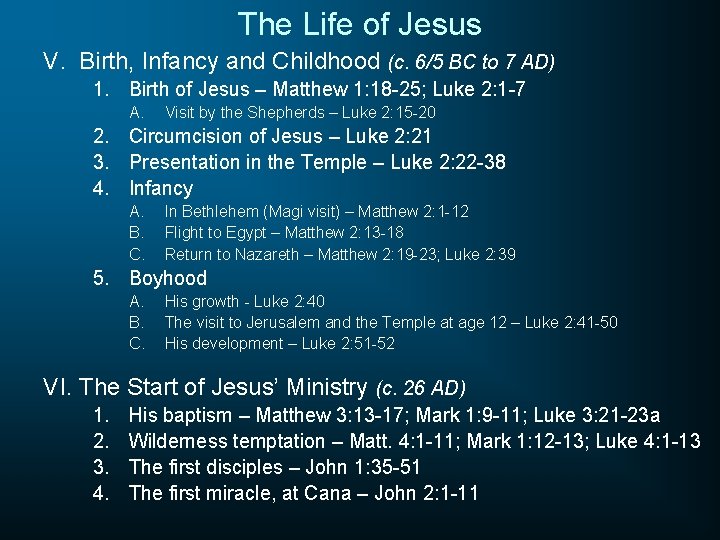 The Life of Jesus V. Birth, Infancy and Childhood (c. 6/5 BC to 7