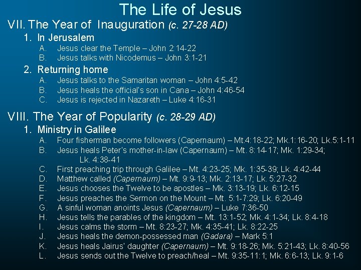 The Life of Jesus VII. The Year of Inauguration (c. 27 -28 AD) 1.