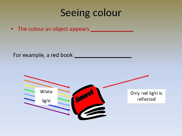 Seeing colour • The colour an object appears _______ For example, a red book