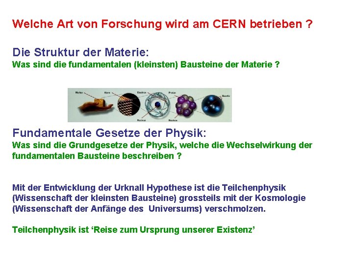 Welche Art von Forschung wird am CERN betrieben ? Die Struktur der Materie: Was