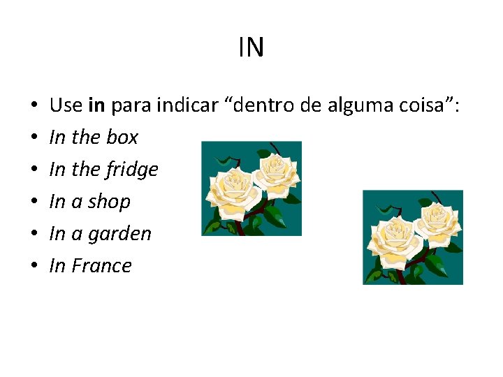 IN • • • Use in para indicar “dentro de alguma coisa”: In the