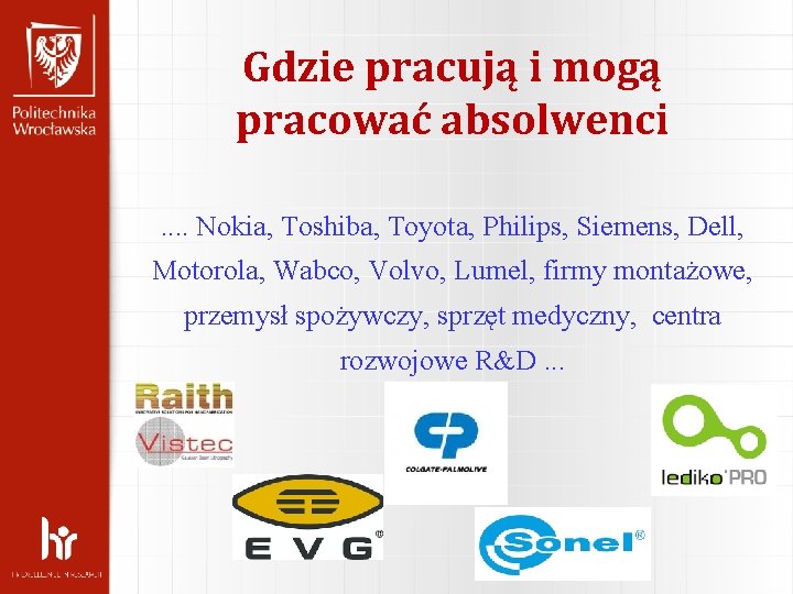 Gdzie pracują i mogą pracować absolwenci. . Nokia, Toshiba, Toyota, Philips, Siemens, Dell, Motorola,