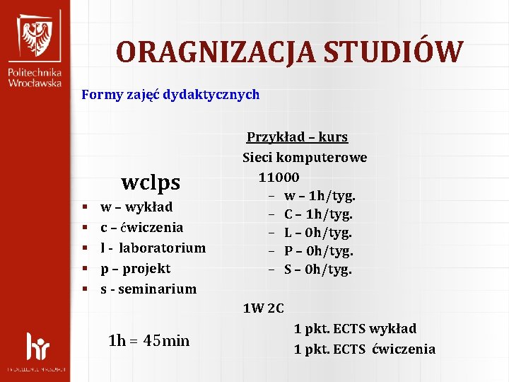 ORAGNIZACJA STUDIÓW Formy zajęć dydaktycznych wclps § § § w – wykład c –